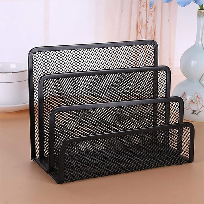 VANRA Small Letter Sorter Desktop File Holder Organizer Metal Mesh with 3 Vertical Upright Compartments (Black)