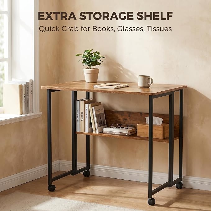 Mobile Foldable Desk w/Wheels and Feet Pads, Foldable Computer Desk, Folding Desk, Small Computer Desk for Small Spaces, Folding Table for Office Bedroom Living Room-Rustic Brown