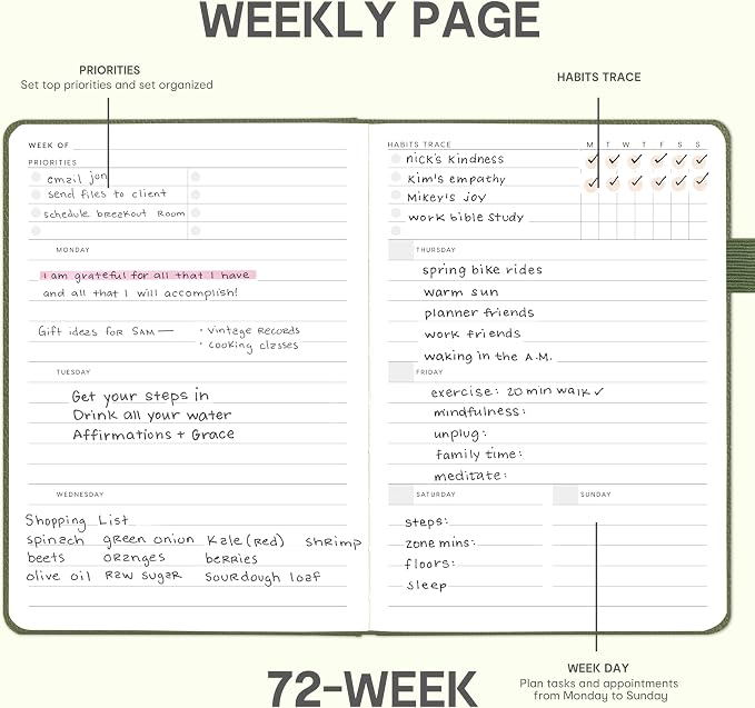 And Per Se Undated Planner, Weekly & Monthly Planner with Goal & Habit Tracker, A5 Leather Hardcover Productivity Journal for Academic Year (Olive Green)