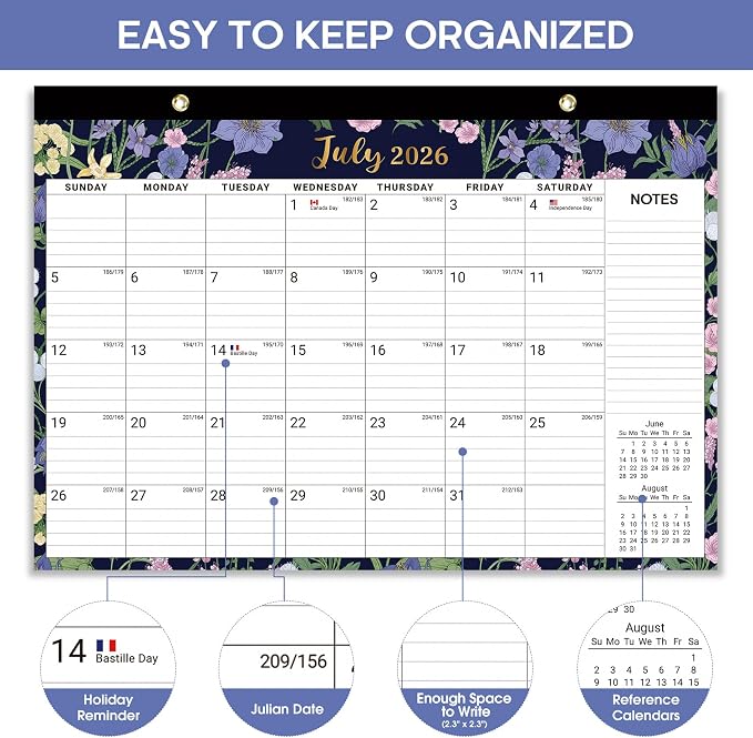 Desk Calendar 2026-2027, 18-Month Calendar Runs from July 2026 to December 2027, Large 17" x 12" Monthly Desktop & Wall Calendar for Home & Office - Midnight Garden