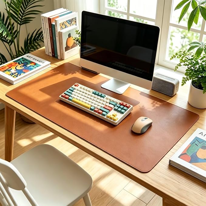 Leather Desk Mat, Non-Slip Table Protector Surface with Round Edge, Heat Resistant & Waterproof Desktop Writing Pad for Home and Office (11"*24"),Brown
