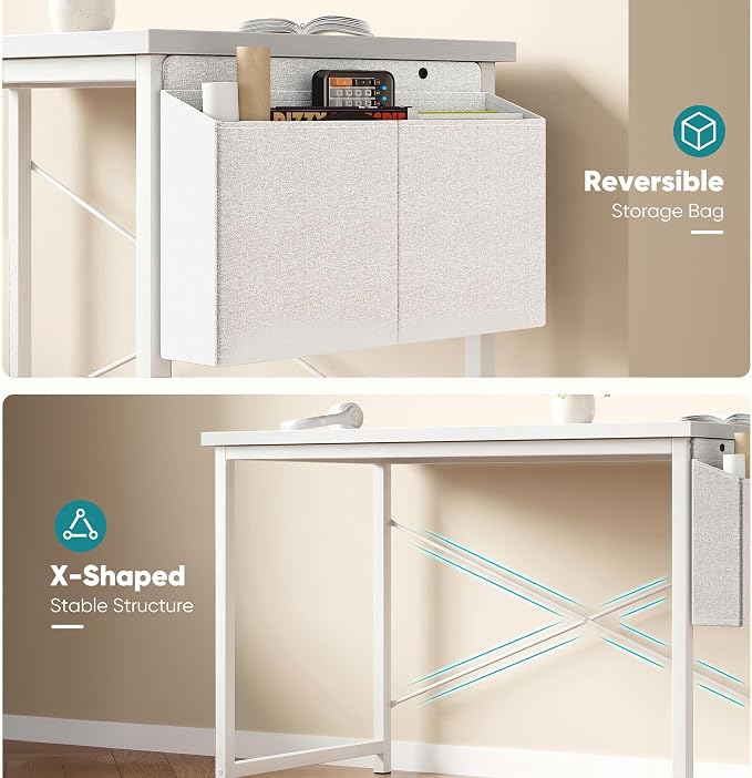 OLIXIS 55 Inch Computer Desk for Home Office, Writing Study Craft Gaming Table, Modern Computer Workstation with Storage Bag and Headphone Hook for Bedroom Small Spaces, White