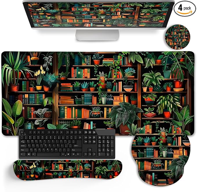 LIMKRIAN Book Mouse Pad Set Large Desk Matt for Desktop, Ergonomic Mouse Pad with Wrist Rest, Gaming Mouse Pad Wrist Support Keyboard Mat Cup Coaster Set Cute Office Desk Decor Accessories