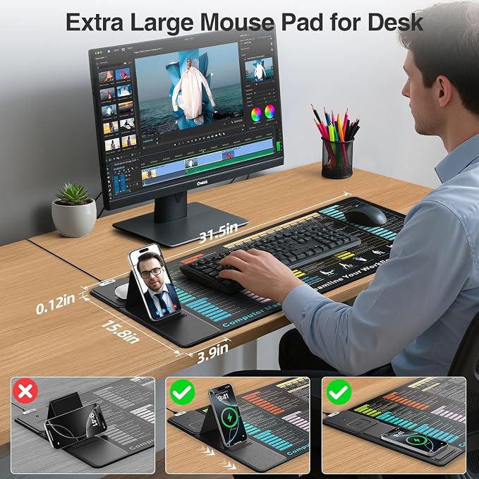 Wireless Charging Mouse Pad with Foldable Phone Holder, 31.5"x15.8" in | XXL Excel Cheat Sheet Desk Mat for Laptop/Keyboard, Waterproof Ultra-Smooth Surface, Non-Slip Base