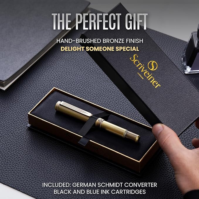 Scriveiner Luxury EDC Fountain Pen (Medium), Stunning Heavy Brass Pocket Pen, Hand Brushed Bronze Finish, Schmidt German Nib Converter, Best Writing Pen Gift Set for Men Women, Nice Fancy Designer Pen