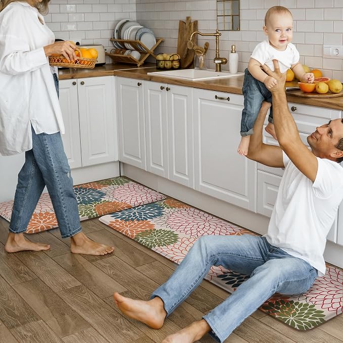 KIMODE Anti Fatigue Kitchen Mats for Floor 2PCS, Cushioned Standing Mats | 17"x47"+17"x29",Dahlia Floral,orange, Boho Floor Mats set of 2,Non Slip,Waterproof,Comfort Mat for Sink Office Laundry home