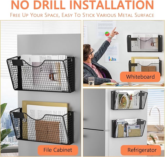 MFTEK Magnetic File Holder, 2 Pockets Magnetic File Folder Holder No Drilling Magnet Paper Mail Organizer Magazine Basket, Hanging Wall Storage Rack for Fridge Cabinets Office Classroom