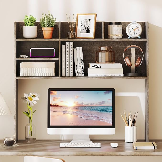 Tangkula Desktop Bookshelf for Computer Up to 32”, 37” Countertop Storage Hutch with 6 Storage Shelves, 3-Tier Desktop Organizer Display Rack, Wooden Desk Hutch for Dorm Home Office (Grey,6 Shelves)