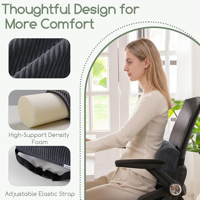 Lumbar Roll Lumbar Support Pillow for Office Chairs, Cars, and Gaming Chairs, Back Cushion with Washable Cover & Adjustable Strap to Relieve Back Pain and Improve Posture, 11"x6"x5", Dark Grey