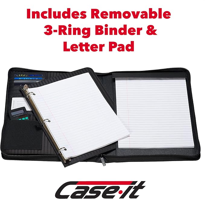 Case-It Executive Zippered Padfolio with Removable 3-Ring Binder and Letter Size Writing Pad, Black (6 Pack)