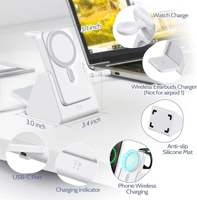 Smtcsl 3-in-1 Wireless Charging Station: Portable 10000mAh Power Bank Charger Compatible for Phone Air/17/16/15/14/13/12 Series and Watch - Detachable Magnetic Charging Stand White