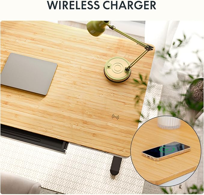 SANODESK Standing Desk with Drawer,Dual Motor 3 Stage Electric Height Adjustable Home Office Desk with Storage & Wireless Charging, 55 inch Bamboo Tabletop/Black Frame