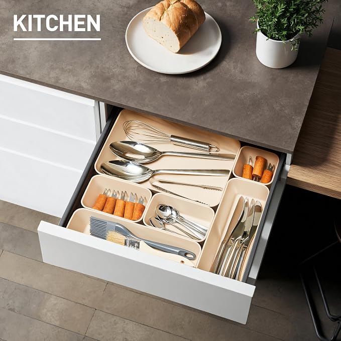 ISSEVE 8Pcs Silicone Drawer Organizer Trays for Bathroom, 4 Sizes, White | Nesting Organizer Trays, For Vanity, Desk, Nightstand, Makeup, Jewelry, Toiletries, and Office Small Items, Drawer Organizer
