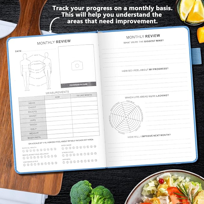 JUBTIC Weekly Meal Planner Notebook, Food Journal Daily Meal Prep Journal with Shopping and Grocery Lists for Food Planning Menu Planning Healthy Diet or Weight Loss Tracking, Undated, A5, Light Blue