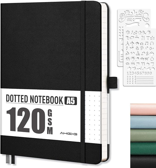 AHGXG Dotted Journal - Dot Grid Notebook Journal, 120 GSM Thick Acid-Free Paper, A5 Dotted Notebook 160 Pages, Leather Hardcover, Inner Pocket, Journal Stencil, 5.7'' × 8.3'', Black