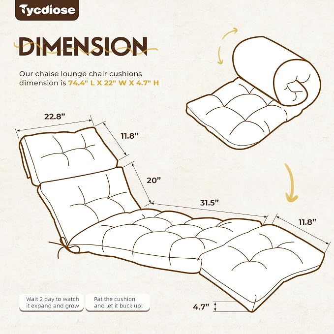 Waterproof Outdoor Chaise Lounge Chair Cushion 74.4 x 22 x 4.7 Inches Memory Foam Lounge Chair Cushions for Outdoor Furniture with Ties, Thickened Pool Chaise Lounge Chair Cushions, Brown