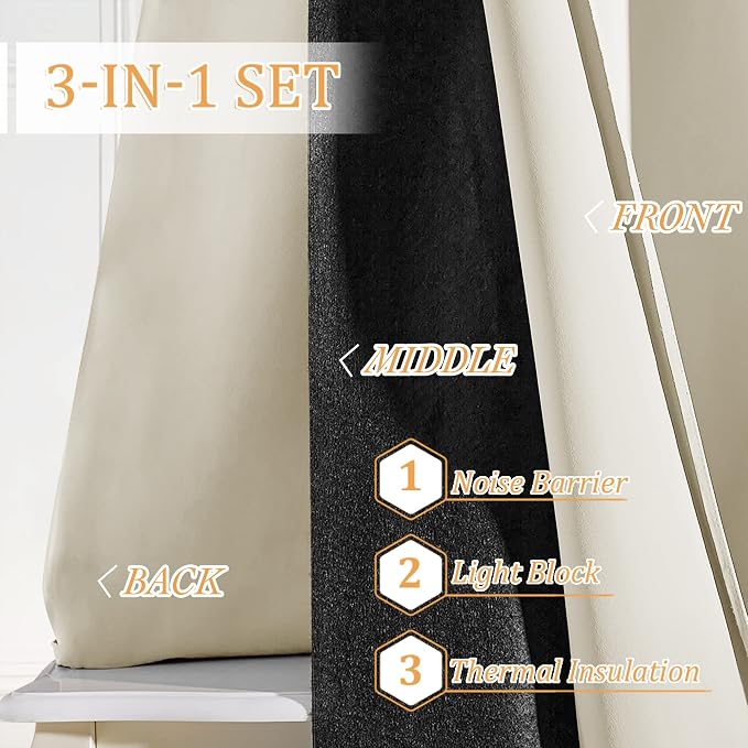 RYB HOME Noise Cancelling Curtains 63 inch Length 2 Panels Set- 3 Layers Total Blackout Curtains Soundproof Thermal Insulated Window Treatment for Kids Room Studio Bedroom, 42 x 63 inches, Beige