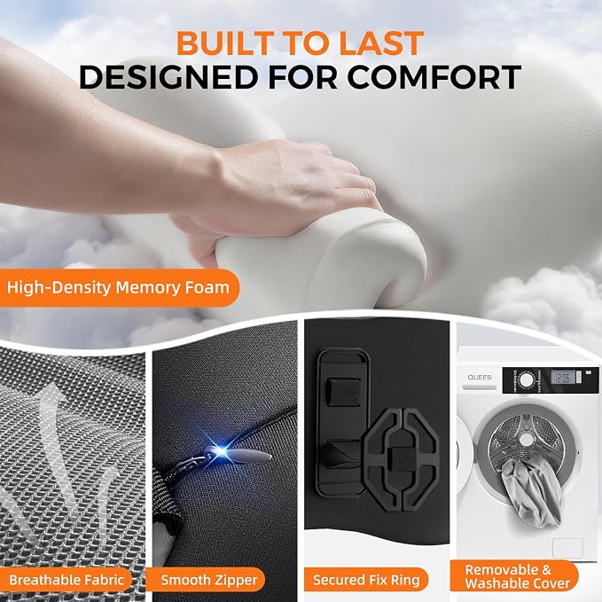 BEBAS Ergonomic Lumbar Support Pillow for Car, Memory Foam Back Support for Lower Back Pain Relief, Comfort Lumbar Cushion for Driving, Fixed Ring Lumbar Pillow for Car Seat, Office Chair -Gray