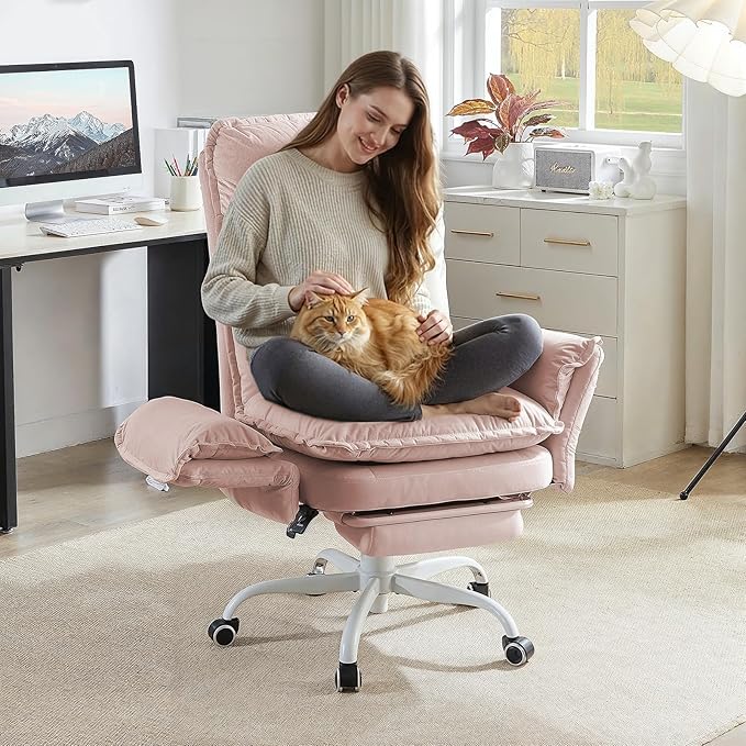 Bestier Criss Cross Office Chair with Flip-Up Armrests, High Back Executive Chair with Footrest & Wheels, Cross Legged Desk Chair for Home Office, Light Pink Velvet
