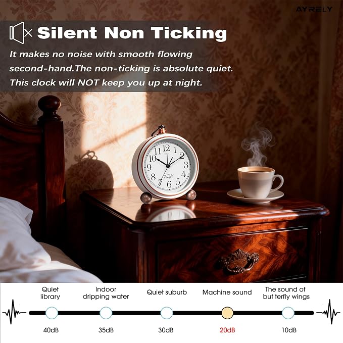 AYRELY® 5.3" Vintage Metal Analog Alarm Clock, Retro Desk and Table Clock | Antique Battery Operated Clock with Light, Elegant Bedside Gift for Bedrooms, Living Rooms, Shellf and Home Decor (White)