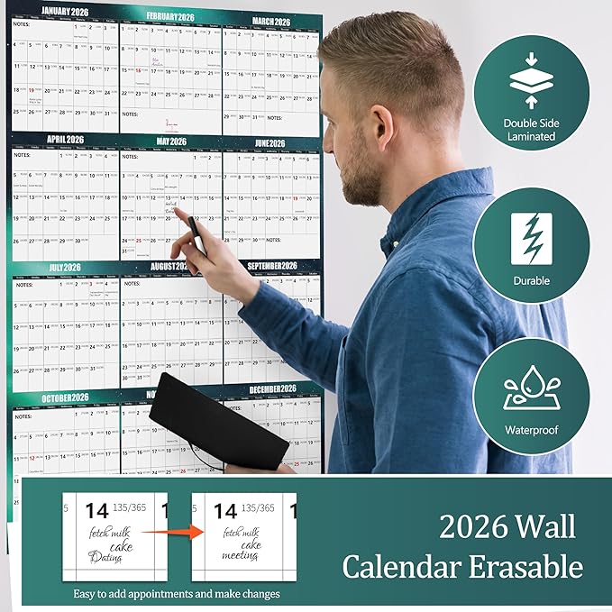 32" x 48" Apricity 2026 Wall Calendar Dry Erase - Dark Green Wall Calendar Wet & Dry Erasable Laminated 12 Month Annual Yearly Planner, Reversible, Horizontal/Vertical,with Julian Dates