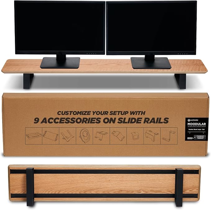 Moodular Wooden Monitor Stand Desk Organizer, Large 45.6" Oak | Customizable Organized Workspace, Aluminum Slide Rails, 10 Add-Ons Sold Separately: Storage Drawer, Tablet, Phone & More