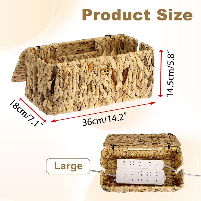 BTSKY Woven Cable Management Box with Lid Water Hyacinth Cord Organizer, L | Cable Organizer Box with 2-Open Slots to Hide Power Strips USB Hubs for Desk, Home & Office, Pet Proofing Cord Basket