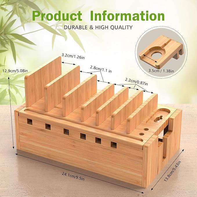 Pezin & Hulin Bamboo Charging Station with 5-Port USB & 5 Cables | All-in-One, 5-Port USB HUB Included, 8-Device Organizer, Natural Bamboo, Hidden Cord Compartment, Magnetic Base, Watch Stand