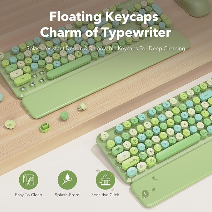 Wireless Keyboard and Mouse Combo, Cute Retro Typewriter Keyboard with Round Keycaps, Full-Size Aesthetic Keyboard with Magnetic Wrist Rest, 2.4G USB for Windows/Mac Desktop Laptop (Green Multi-Color)