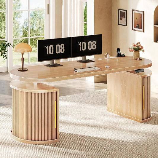 SEDETA 57" Standing Desk with Storage, Electric Height Adjustable Executive Fluted Desk with Curved Cabinets, Computer Desk with Power Strip for Home Office, Light Oak