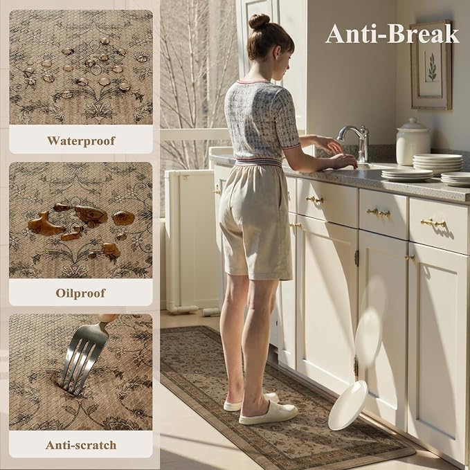 KIMODE Kitchen Floor Mats Anti Fatigue,Cushioned Rugs for Floor Sets of 2 | 17.3"x47"+ 17.3"x29",Brown,Farmhouse Rugs for Floor,Memory Foam Ergonomic Kitchen Mat Non Slip for Laundry Office Bathroom