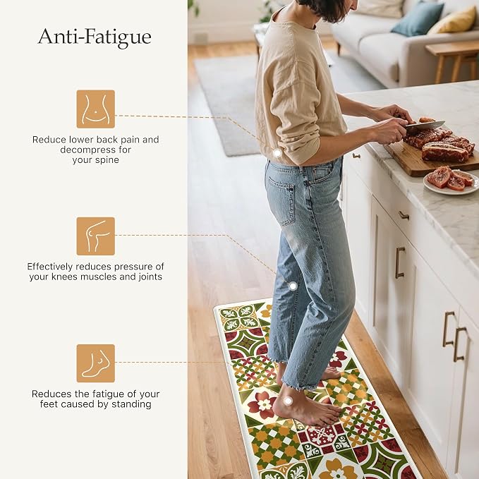 GENIMO Anti Fatigue Kitchen Mats for Floor 2PCS, Cushioned Standing Mats | 17.3"x47"&17.3"x30", Light Green vintage floral rug set, waterproof, non slip, easy-clean for farmhouse
