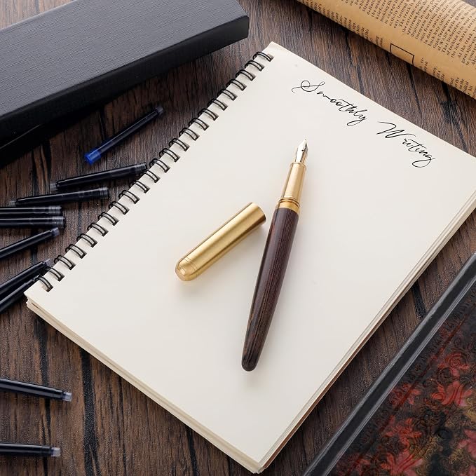 cobee Handcrafted Wooden Fountain Pens Set, Vintage Luxury Wood Fountain Pen 0.5mm Fine Point Smooth Writing Pen With 12 Ink 2.6 mm Cartridges and Gift Box for Journaling Calligraphy Supplies(C)