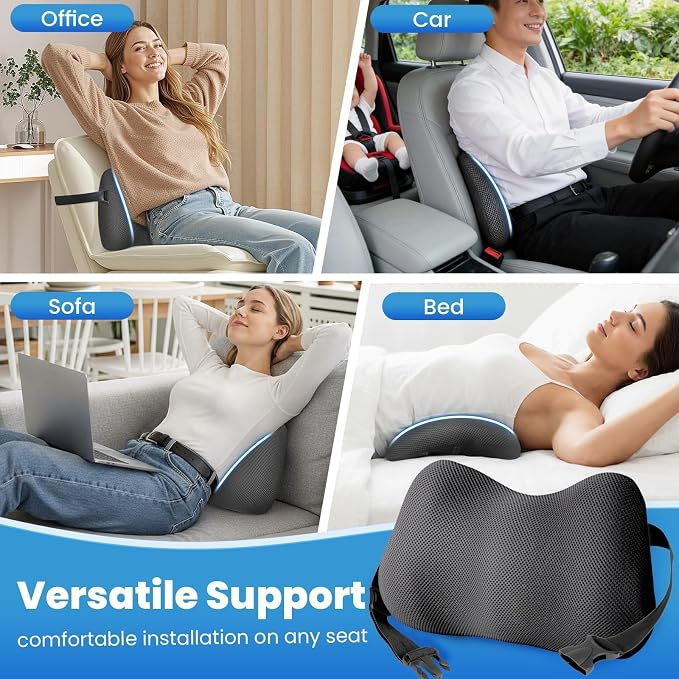 Lumbar Support Pillow for Office Chair, Memory Foam Lower Back Support, Ergonomic Lumbar Pillow with Adjustable Strap, Breathable Cover (Grey)