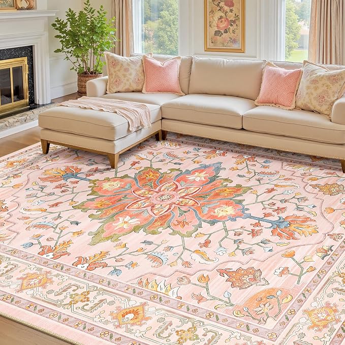 RELEANY Area Rugs 7'x9' Washable Non-Slip, Floral Vintage Distress Medallion Carpet for Living Room Bedroom Dining Room, Light Pink Colorful
