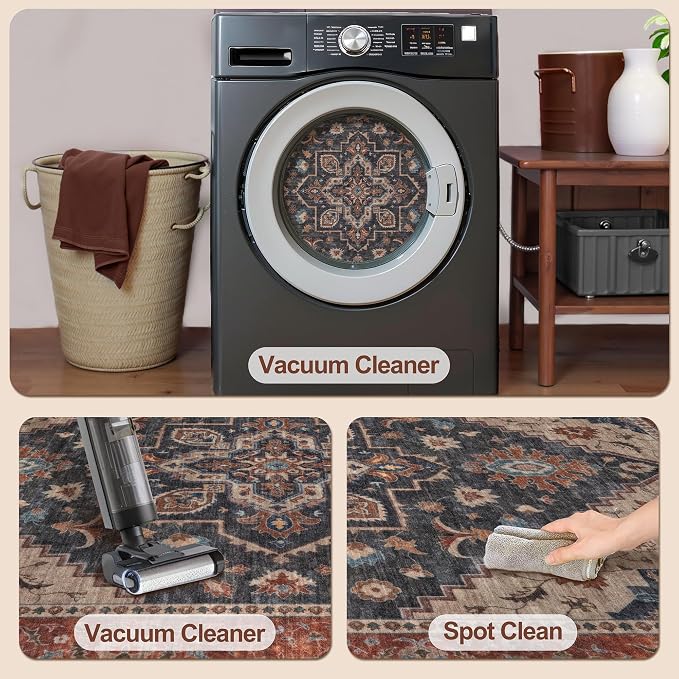 Tangsoo 2x6 Washable Runner Rug for Hallways, Non Slip Vintage Runner Rug, Soft Boho Low Pile Long Rug Runner, Carpet Runners for Kitchen Bedroom Entryway Bathroom Living Room Dark Blue/Orange