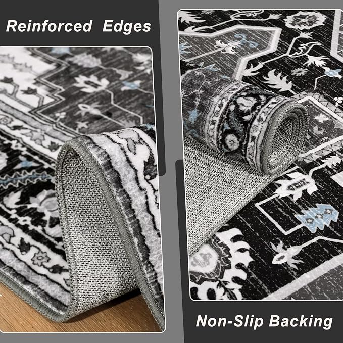 Macgace 2x3 Black Grey Small Area Rug for Entryway, Soft Washable Rugs with Non-Slip Backing for Bedroom Kitchen, Vintage Throw Carpet Laundry Entry Front Door Decor