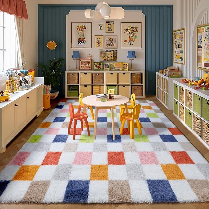 KICMOR Large Area Rugs 8x10 for Living Room, Fluffy Soft Rainbow Checkered Shag Shaggy Carpet for Bedroom, Indoor Big Fuzzy Plush Colorful Rug for Kids Boys Girls Dorm Nursery Home Decor Aesthetic
