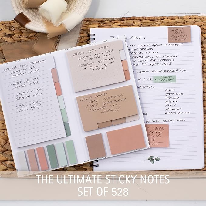Aesthetic Pastel Sticky Notes Set of 528 with Tabs For Bible Study - Incl. Sturdy Cover to Keep Your Notes Safe - Cute School Accessories, College, Students, Teachers or Office Desk Supplies for Women