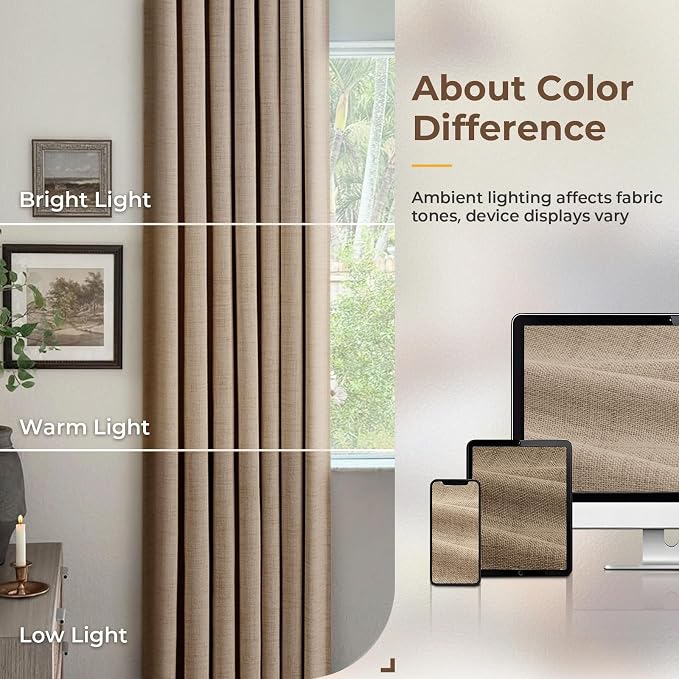INOVADAY 100% Blackout Curtains for Bedroom, Taupe Black Out Curtains 80 Inch Long, Clip Rings Linen Blackout Drapes, Thermal Insulated Room Darkening for Living Room, 2 Panels - W50xL80