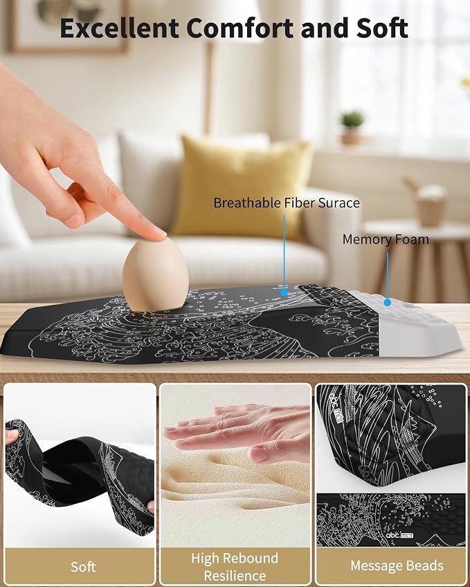 Ergonomic Mouse Pad and Keyboard Wrist Rest Support Set, Massage Design Mousepad for Carpal Tunnel Pain Relief, Memory Foam, Non-Slip PU Base for Computer Desk, Kanagawa Japanese Sea Wave