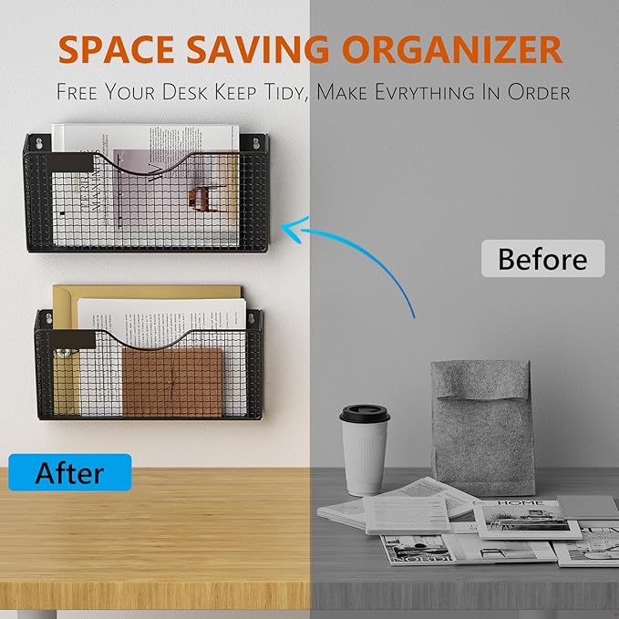 MFTEK Magnetic File Holder, 2 Pockets Magnetic File Folder Holder No Drilling Magnet Paper Mail Organizer Magazine Basket, Hanging Wall Storage Rack for Fridge Cabinets Office Classroom