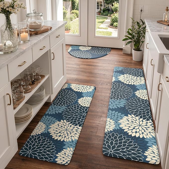 KIMODE Half Circle Anti Fatigue Mats for Kitchen Floor Rug Sets of 3 | 18"x28+18"x47"+18"x59",Blue Dahlia Floral Boho,3PCS,Non Slip,Waterproof,for Sink Office Laundry Bathroom Decor