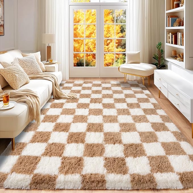 Checkered Rug for Bedroom 5x7, Ultra Fluffy Fuzzy Shag Area Rugs for Living Room, Anti-Skid Indoor High Pile Soft Rug Carpet for Living Room Bedroom Kids Room Nursery, Dorm Home Decor, Cream & Camel