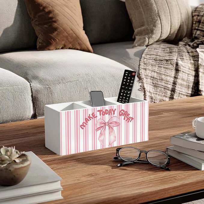 Coquette Pink Bow Motivational Wooden Pen Holder for Desk, Preppy Desk Decor, Make Today Great Girly Pink Striped Pencil Organizer Wooden Box Sign for Girls Bedroom Dorm Decoration