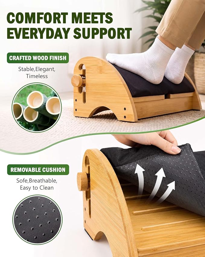 Bulado Wooden Foot Rest Under Desk, Ergonomic 4-Height Adjustable Footrest | Removable Memory Foam Cushion, Non-Slip Base, Stable Design, Office, Home Office, Long Sitting Comfort