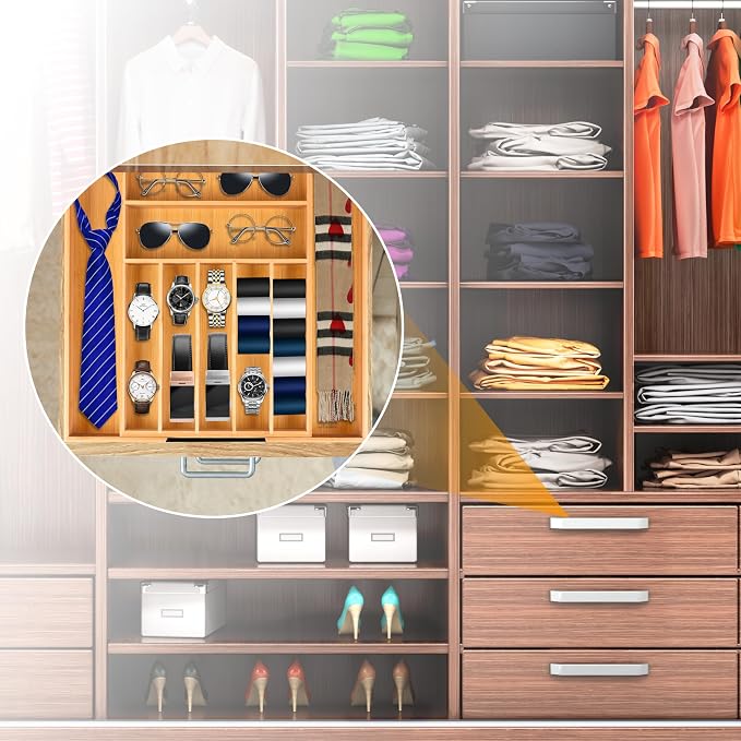 Large Premium Bamboo Silverware Organizer - Expandable Utensil Drawer Organizer - 17"x19.6" Utensil Holder and Cutlery Tray with Grooved for Kitchen Flatware and Utensils Mother's Day Gift