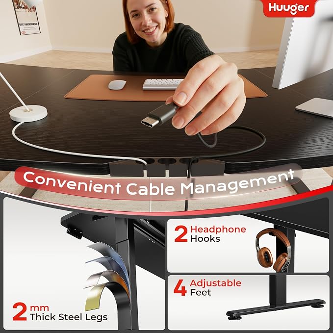 Huuger 63 X 24 Inch Electric Standing Desk with Power Outlets and USB-C Port, Height Adjustable Desk, Sit Stand Desk for Home Office, Computer & Gaming Desk with 4 Presets, Stable Steel Frame, Black