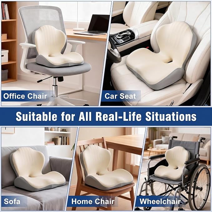 Car Seat Cushion with Lumbar Support Pillow, Memory Foam Office Chair Cushion for Back Pain Sciatica Pain Relief, Ergonomic L-Shaped Seat Cushion for Car Truck Driving Office Chair Home (White Gray)