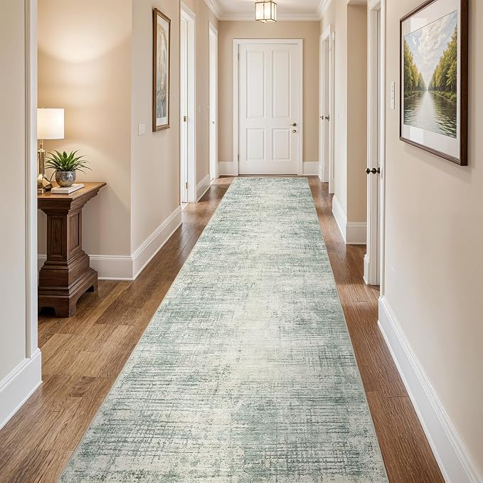 3x14 Hallway Washable Runner Rug - Non-Slip Kitchen Rugs with Rubber Backing Abstract Neutral Low-Pile Carpet Runners for Laundry Room Home Decor Bedroom Bathroom Entryway (Green,3x14)